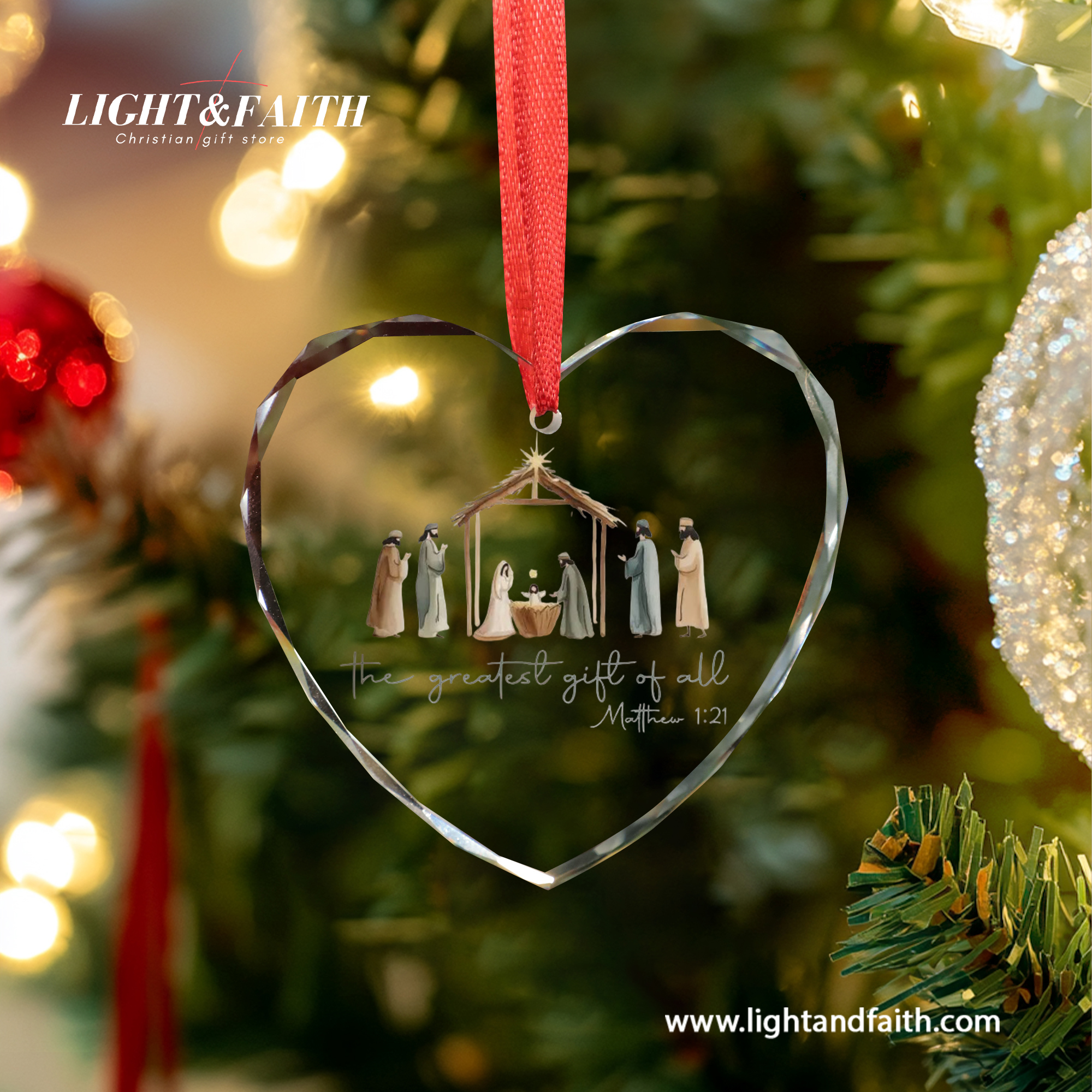 The Greatest Gift of All Glass Ornament, Nativity Scene Ornament, Matthew 1:21 Christian Christmas Decor, Holy Family Faith Gift, Religious Tree Decoration DCLAF51